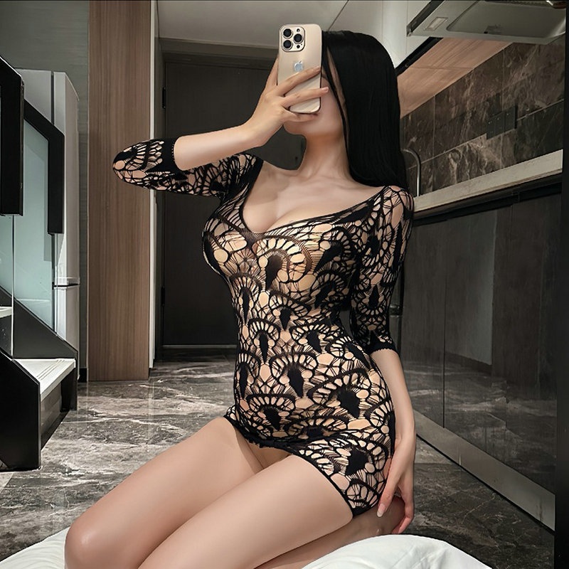 Hollow Sexy Mesh, See-Through Tight Hip Skirt, Sexy One-Shoulder One-Piece Pajamas